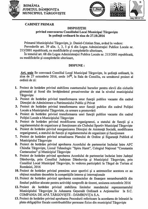DISPOZIŢIE privind convocarea Consiliului Local Municipal Târgovişte în şedinţă ordinară în ziua de 27.10.2016