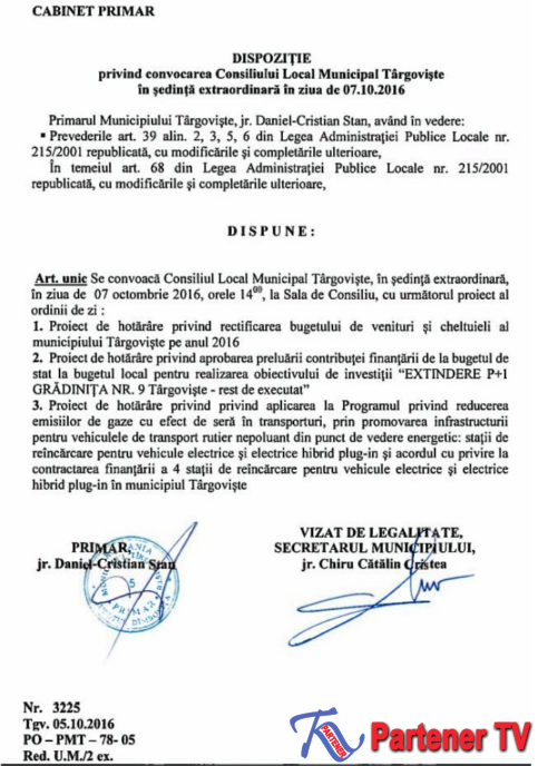 DISPOZIŢIE privind convocarea Consiliului Local Municipal Târgovişte în şedinţă extraordinară în ziua de 7.10. 2016