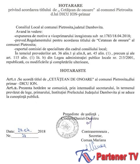 AŞA CEVA NU SE FACE. Primarul Ion Leonard Dicu s-a făcut cetăţean de onoare al comunei pe care o conduce