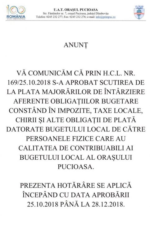 Atenție! Facilităţi fiscale pentru locuitorii oraşului Pucioasa