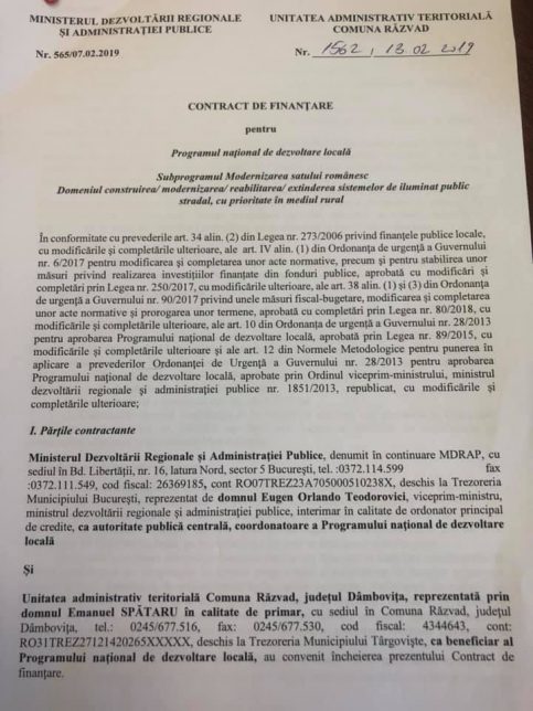 S-a semnat contractul de finanţare pentru modernizarea iluminatului public  în  satul Răzvad