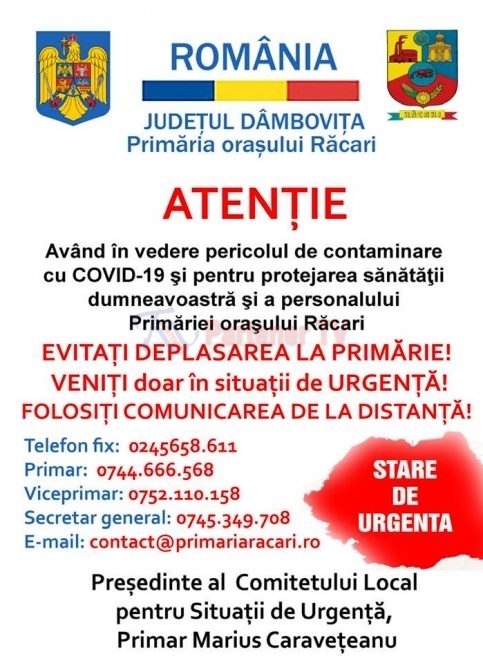 VIDEO. Primarul oraşului Răcari, Marius Caraveţeanu: Trebuie  să facem front comun în faţa COVID-19. Rămâneţi în casă, dacă vă pasă!