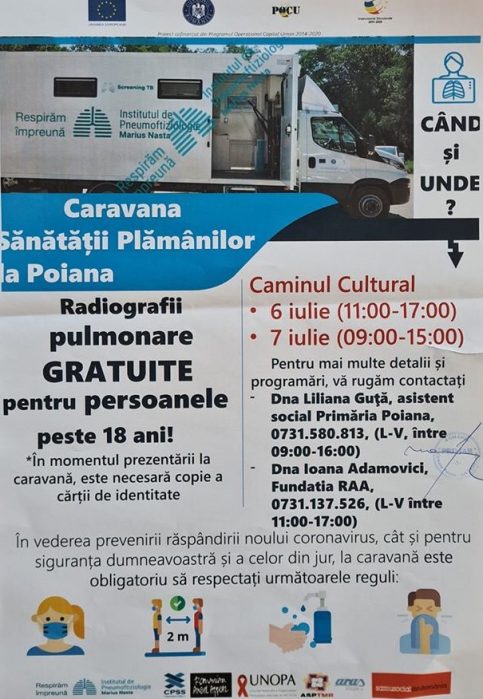 POIANA: Caravana Sănătății Plămânilor va ajunge  în zilele de 6 și 7 iulie 2020,cetățenii pot beneficia de radiografii pulmonare gratuite