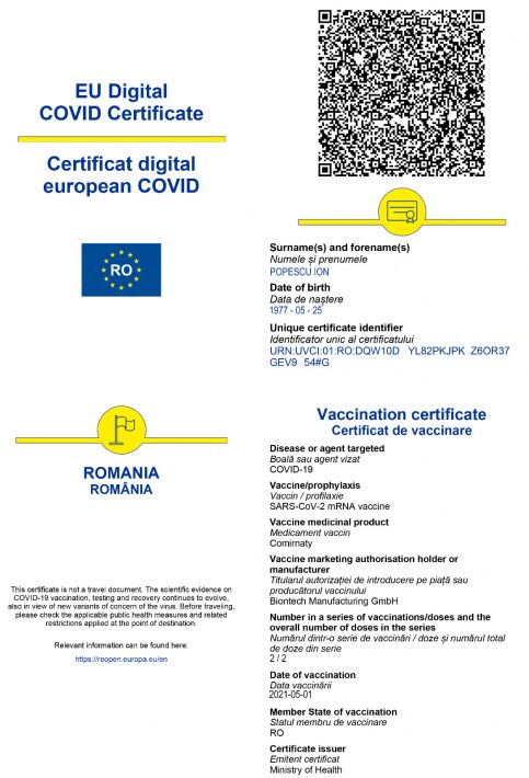 Portalul web de generare a certificatelor digitale UE COVID-19