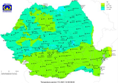 MIERCURI, 8 DECEMBRIE,temperaturile maxime se vor încadra între -3 şi 10 grade, iar cele minime în general între -7 şi 1 grad