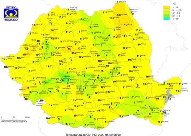 9 mai 2022, temperaturile maxime se încadrează între 23 și 14 grade, iar minimele se încadrează între 11 și 1 grad