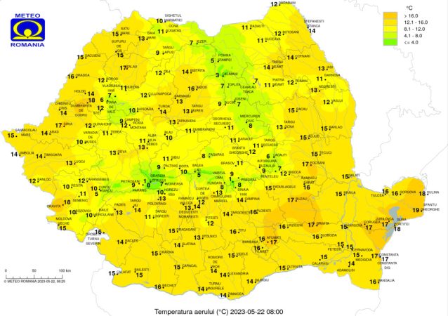 Luni, 22 mai 2023, temperaturi apropiate de valorile specifice pentru această perioadă și  condiții de averse cu caracter torențial
