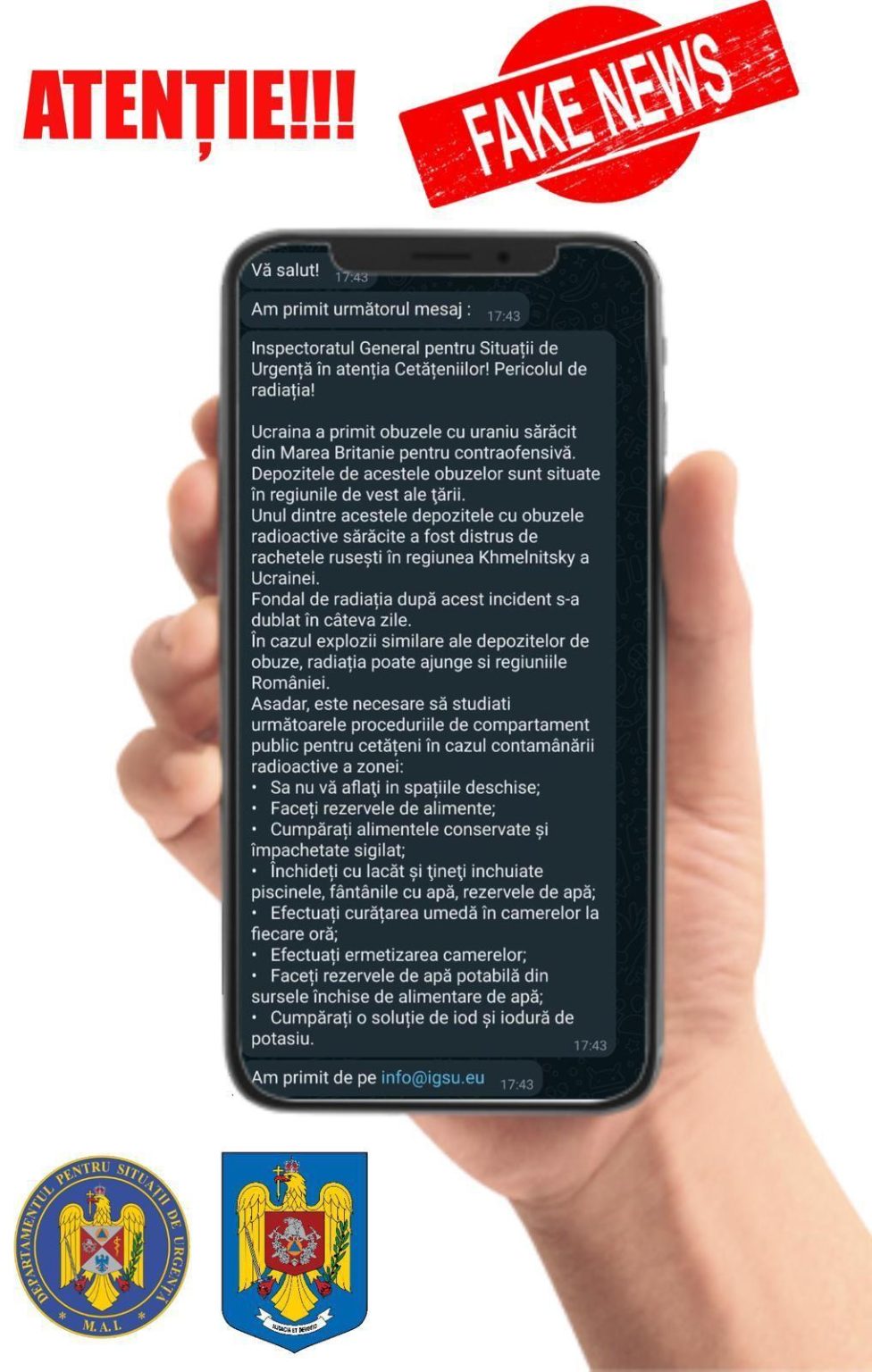 ATENȚIE LA MESAJELE PE CARE LE PRIMIȚI! NU APRȚIN IGSU, ESTE UN FAKE NEWS