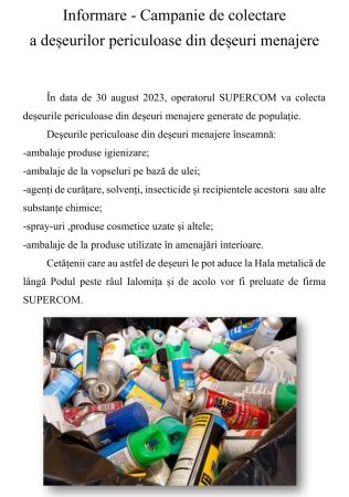 Primăria Vulcana Pandele informează cetățenii despre Campania de colectare a deșeurilor periculoase din deșeuri menajere
