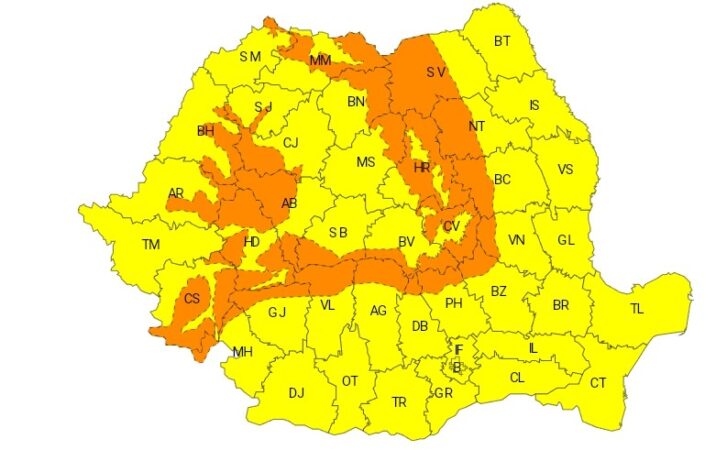 AVERTIZARE METEOROLOGICĂ  COD GALBEN pentru tot județul Dâmbovița: Vânt puternic, temperaturi scăzute și precipitații mixte, interval de valabilitate: 22 decembrie, ora: 12:00 – 24 decembrie, ora 10:00