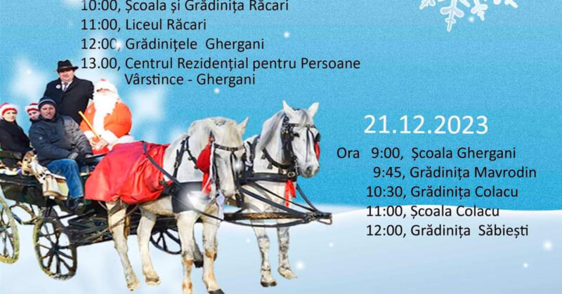 Vine Moșu la Răcari! Vine Moșul la Răcari, miercuri , 20 decembrie! La prima oră a dimineţii, Moş Crăciun va poposit la Primăria Răcari unde într-o atmosferă caldă şi plină de magie îl va întâmpina primarul Marius Caraveţeanu după care va porni la drum prin tot orașul Răcari