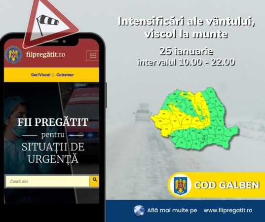 A fost emisă o atenționare meteorologică de COD GALBEN ce vizează intensificări ale vântului