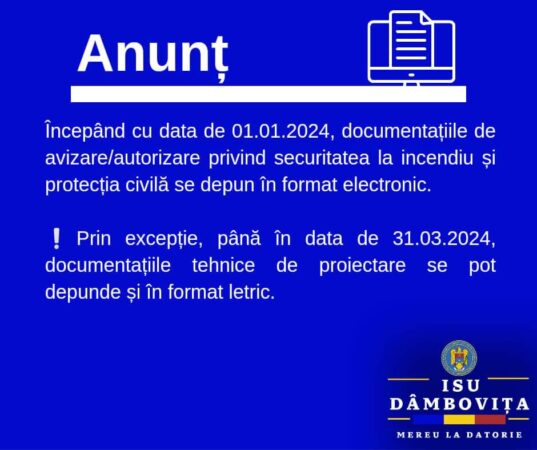 De la 1 ianuarie 2024, documentațiile pentru obținerea avizului/autorizației de securitate la incendiu/protecție civilă se depun exclusiv online la ISU Dâmbovița De la 1 ianuarie 2024, documentațiile pentru obținerea avizului/autorizației de securitate la incendiu/protecție civilă se vor depune exclusiv online.
