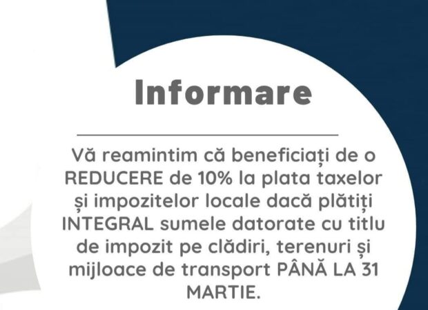 ANUNȚ DE INTERES PUBLIC făcut de Primăria Văcărești: Reducere de 10% pentru cei care își achită taxele locale până la 31 martie 2024  ANUNȚ DE INTERES PUBLIC făcut de Primăria Văcărești: Reducere de 10% pentru cei care își achită taxele locale până la 31 martie 2024.