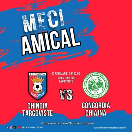Meci amical: Chindia Târgoviște – Concordia Chiajna Meci amical: Chindia Târgoviște - Concordia Chiajna, sâmbată, 10 februarie, ora 12:00, pe stadionul "Eugen Popescu" din Târgoviște