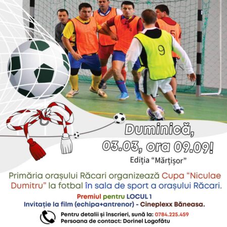  Primăria orașului Răcari organizează Cupa “Niculae Dumitru” la fotbal în sala de sport a orașului Răcari, duminică, 03.03.2024, ora 09:09, ediția “Mărțișor” 