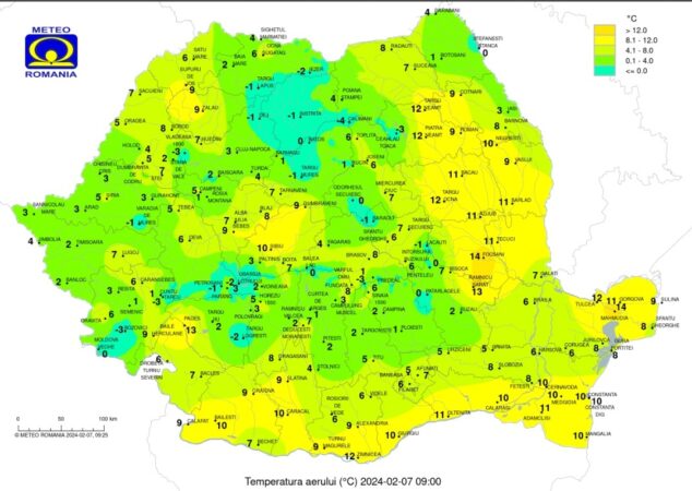 Prognoza meteo pentru astăzi, 7 februarie 2024, vremea se va menține  caldă. Temperaturile maxime vor fi cuprinse în general între 10 și 18 grade, iar cele minime între -2 și 9 grade.