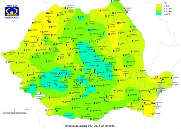 Prognoza meteo pentru 9 februarie 2024,cerul va fi variabil, cu înnorãri în nord şi nord-vest. Va ploua slab pe arii restrânse