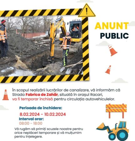 Strada Fabrica de Zahăr, situată în orașul Racari, va fi temporar închisă pentru circulația autovehiculelor Strada Fabrica de Zahăr, situată în orașul Racari, va fi temporar închisă pentru circulația autovehiculelor, în scopul realizării lucrărilor de canalizare.