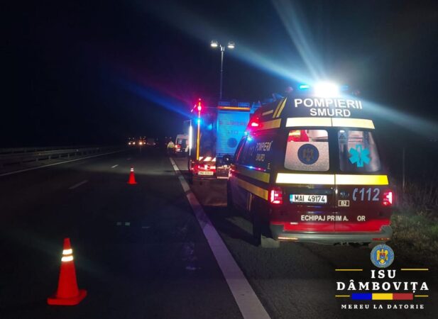 Pompierii dâmbovițeni au intervenit la un accident pe Autostrada A1, la kilometrul 67, sensul Pitești-București, în această dimineață, jurul orei 05:19.