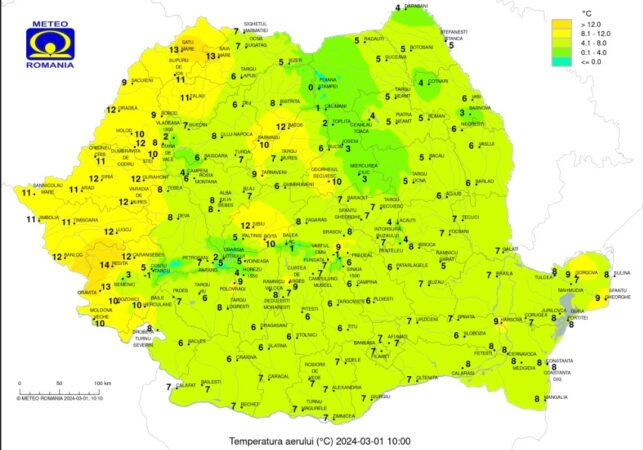 Vineri,  1 martie, aduce ploi în majoritatea zonelor,  temperaturile maxime se mențin la aproximativ 14 grade Celsius.