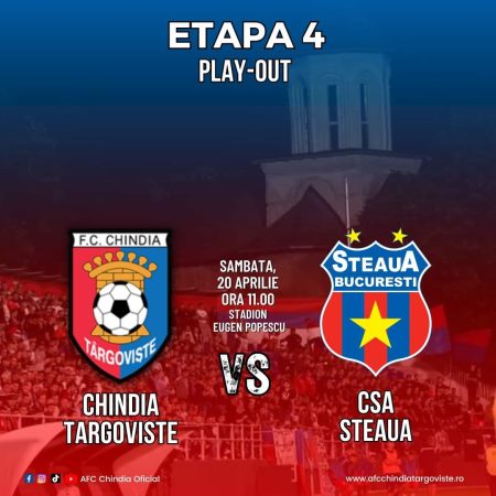 Hai la meci! Chindia Târgoviște – CSA Steaua București, etapa 4, Play-Out Hai la meci! Chindia Târgoviște - CSA Steaua București, etapa 4, Play-Out, sâmbătă, 20 aprilie, ora 11.00, stadion Eugen Popescu, Târgoviște.