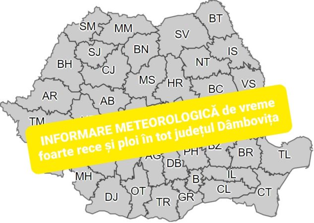 INFORMARE METEOROLOGICĂ de vreme foarte rece și ploi în tot județul Dâmbovița INFORMARE METEOROLOGICĂ de vreme foarte rece și ploi în tot județul Dâmbovița, interval de valabilitate: 18 aprilie, ora 10:00 – 20 aprilie, ora 09:00.