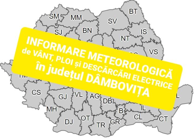 Tot județul Dâmbovița este sub INFORMARE METEOROLOGICĂ de vânt, ploi torențiale și descărcări electrice Tot județul Dâmbovița este sub INFORMARE METEOROLOGICĂ de vânt, ploi torențiale și descărcări electrice , interval de valabilitate 21.04, ora 15:00 - 22.04, ora 15:00.