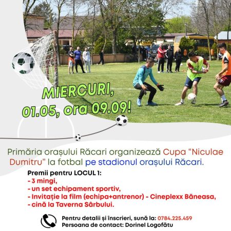 Primăria orașului Răcari organizează Cupa “Niculae Dumitru” la fotbal Primăria orașului Răcari organizează Cupa “Niculae Dumitru” la fotbal, pe stadionul orașului Răcari, miercuri, 01.05.2024, ora 09:09