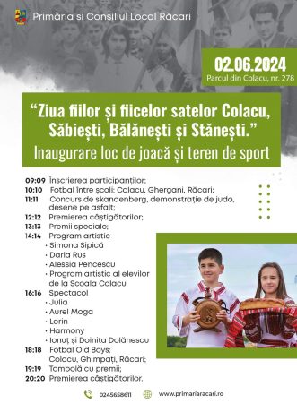 Va fi mare sărbătoare în Parcul  din Colacu- Răcari, pe 2 iunie: “Ziua fiilor și fiicelor satelor Colacu, Săbiești, Bălănești  și Stănești.”