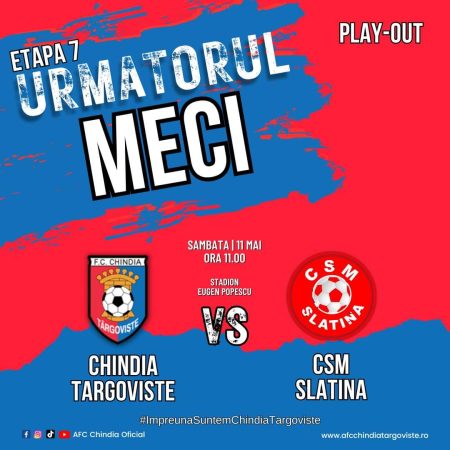 S-au pus în vânzare biletele pentru meciul Chindia Târgoviste vs CSM Slatina S-au pus în vânzare biletele pentru meciul Chindia Târgoviste vs CSM Slatina din etapa 7, Play-Out, sâmbata, 11 mai, ora 11.00, stadion Eugen Popescu, Târgoviste