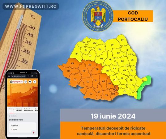 Avertizare meteorologică COD PORTOCALIU de CANICULĂ, valabilă pentru 19 iunie 2024, în întreg județul Dâmbovița.
