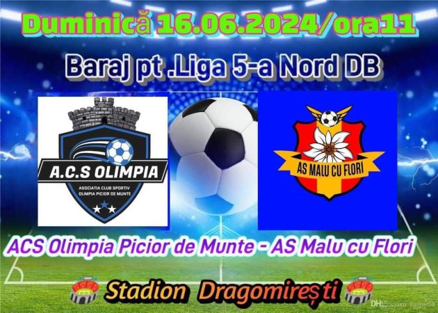 Duminică, 16 iunie, pe stadionul din Dragomirești, AS Malu cu Flori joacă un meci crucial de baraj pentru promovare Duminică, 16 iunie, toate drumurile duc către stadionul din Dragomirești, AS Malu cu Flori joacă un meci crucial de baraj pentru promovare.