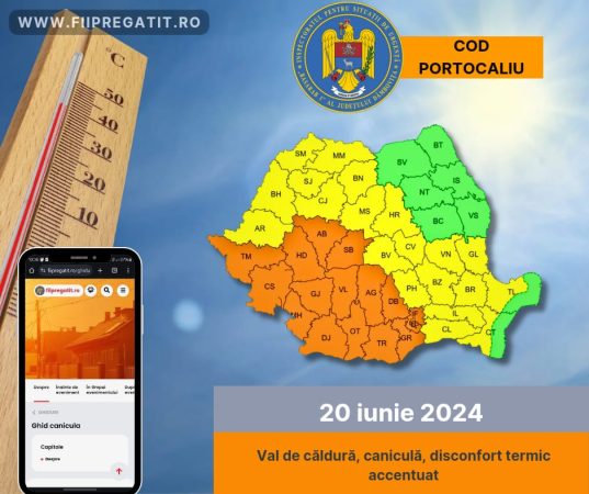 COD PORTOCALIU de CANICULĂ valabil pentru 20 iunie 2024, în tot județul Dâmbovița COD PORTOCALIU de CANICULĂ valabil pentru 20 iunie 2024, în tot județul Dâmbovița, maximele se vor situa între