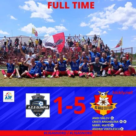 Malu cu Flori promovează în Liga 5 după o victorie zdrobitoare de 5-1 Echipa de fotbal Malu cu Flori a reușit să promoveze în Liga 5 după doar 5 ani de la înființare, demonstrând un progres remarcabil și o determinare de neînvins.