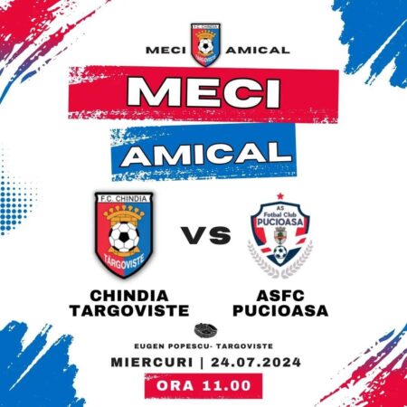 Meci amical ce va avea loc miercuri, 24 iulie, la ora 11:00, pe Stadionul Eugen Popescu din Târgoviște, echipa Chindia Târgoviște va întâlni ASFC Pucioasa.