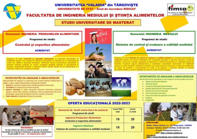 ADMITERE la Facultatea de Ingineria Mediului și Știința Alimentelor  din cadrul Universității “Valahia” din Targoviște, sesiunea iulie 2024.