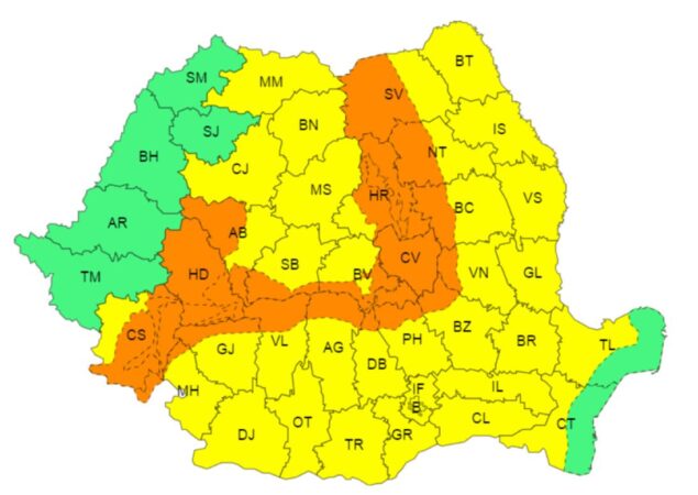 AVERTIZARE METEOROLOGICĂ  COD GALBEN de FURTUNI, valabilă pentru județul Dâmbovița în intervalul 24 iulie, ora 12:00 – 24 iulie, ora 21:00