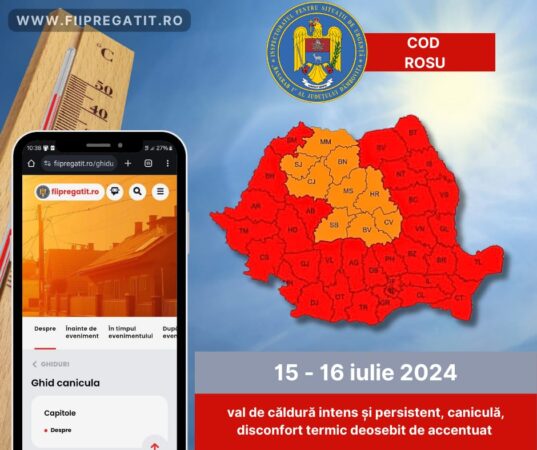ALERTĂ METEO: COD ROȘU de CANICULĂ astăzi și mâine în tot județul Dâmbovița ALERTĂ METEO: COD ROȘU de CANICULĂ astăzi și mâine în tot județul Dâmbovița, în zilele de 15 și 16 iulie, valul de căldură și disconfortul termic deosebit de ridicat pun stăpânire, vă recomandăm să fiți precauți și să luați măsuri pentru a vă proteja sănătatea! Stați la umbră și evitați expunerea prelungită la soare! Consumați suficientă apă pentru a vă hidrata corespunzător! Evitați consumul băuturilor alcoolice! Purtați pălării de soare și haine lejere de culori deschise! Consumați fructe și legume proaspete! NU aprindeți focul în zone cu vegetație uscată sau împădurite! Vă reamintim că arderea vegetației uscate este interzisă! Resturile de țigară pot genera incendii. NU le aruncați la întâmplare! Consultați site-ul oficial al Administrației Naționale de Meteorologie și aflați mai multe despre codurile emise https://www.meteoromania.ro/avertizari/