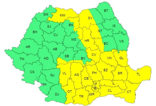ATENȚIONARE METEOROLOGICĂ COD GALBEN de PLOI TORENȚIALE până la ora 23:00, fenomene vizate: instabilitate atmosferică temporar accentuată