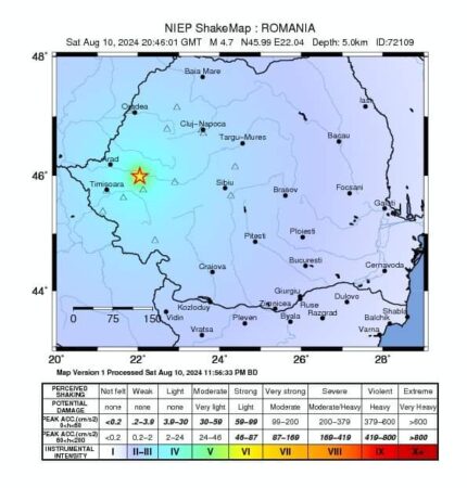 Un cutremur cu magnitudinea de 4,7 pe scara Richter s-a produs sâmbătă la ora 23:46 în zona Banat, conform Institutului Naţional de Cercetare-Dezvoltare