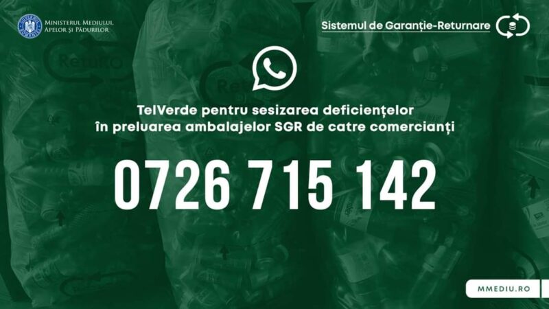 Întâmpini dificultăți cu returnarea ambalajelor SGR? TELVERDE -sesizările pot fi transmise prin Whatsapp la numărul 0726715142