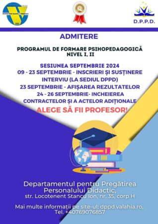 La Universitatea „Valahia” din Târgoviște, înscrierile pentru programele de formare psihopedagogică încep pe 9 septembrie La Universitatea „Valahia” din Târgoviște încep pe 9 septembrie și înscrierile pentru programele de formare psihopedagogică  adresate celor care își doresc