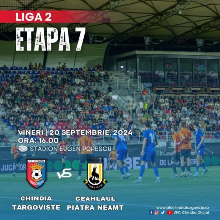 Hai la meci! Chindia Târgoviște-Ceahlăul Piatra Neamț, vineri, 20 septembrie Hai la meci! Chindia Târgoviște- Ceahlăul Piatra Neamț, vineri, 20 septembrie, ora: 16, stadionul Eugen Popescu din Târgoviște.