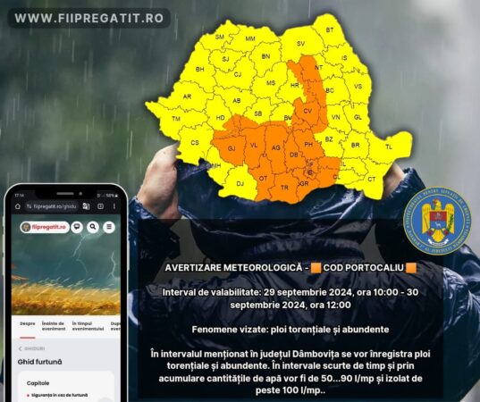 AVERTISMENT: Județul Dâmbovița intră sub COD PORTOCALIU de PLOI AVERTISMENT : Județul Dâmbovița intră sub   COD PORTOCALIU de PLOI, interval de valabilitate: 29 septembrie 2024 - 30 septembrie 2024.