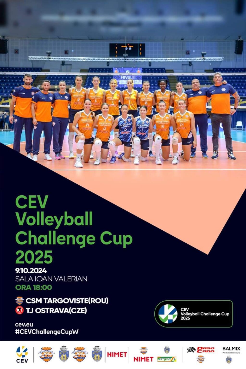 Astăzi, 9 octombrie, de la ora 18:00, echipa de volei feminin a CSM Târgoviște va disputa un meci important în cadrul competiției europene Challenge Cup, împotriva echipei TJ Ostrava din Cehia. 