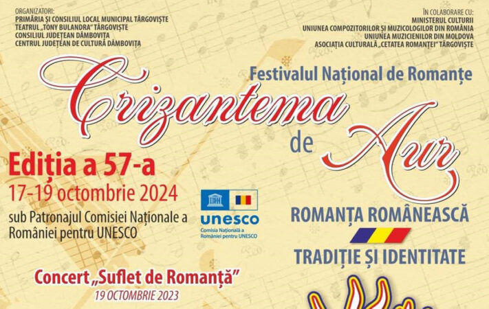 Festivalul „Crizantema de Aur”  va avea loc la Târgoviște, 17-19 octombrie 2024  Festivalul Naţional de Interpretare şi Creaţie a Romanţei „Crizantema de Aur” se va desfășura la Târgoviște, în perioada 17-19 octombrie 2024,