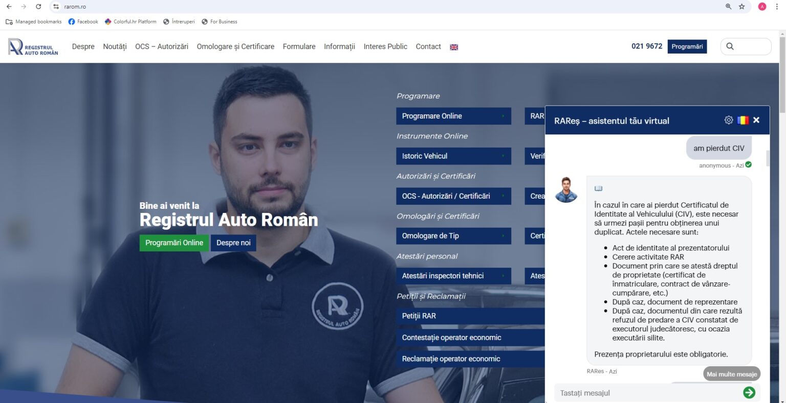 Registrul Auto Român (RAR) lansează noul său asistent virtual, Chatbotul RAReș Registrul Auto Român (RAR) lansează noul său asistent virtual, Chatbotul RAReș, pentru a simplifica interacțiunea utilizatorilor