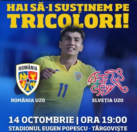 Astăzi, se joacă meciul de fotbal România U20 - Elveția U20, la Târgoviște, pe stadionul Eugen Popescu, ora 19:00.