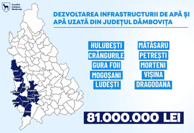 CJ Dâmbovița anunță o nouă investiție majoră în infrastructura de apă din județul Dâmbovița CJ Dâmbovița anunță o nouă investiție majoră în infrastructura de apă din județul Dâmbovița, locuitorii din zona de Vest a județului Dâmbovița